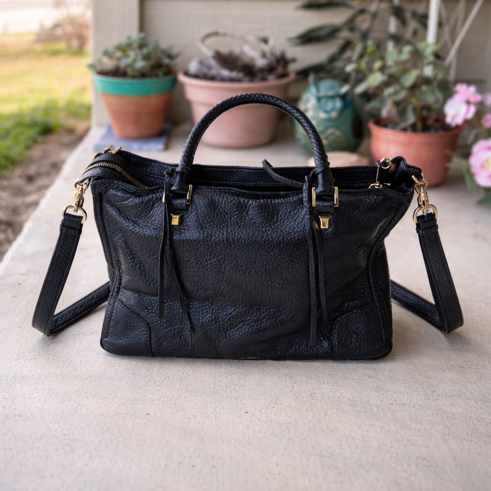 Rebecca Minkoff Black Leather Satchel Carryall Bag Pebbled Gold HW Handbag Hobo